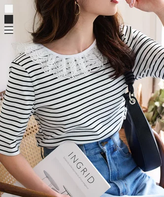 ≪6/1 新発売!!2590円 送料無料≫ Tシャツ レディース 半袖 5分袖 夏 レース襟 [C7535] トップス